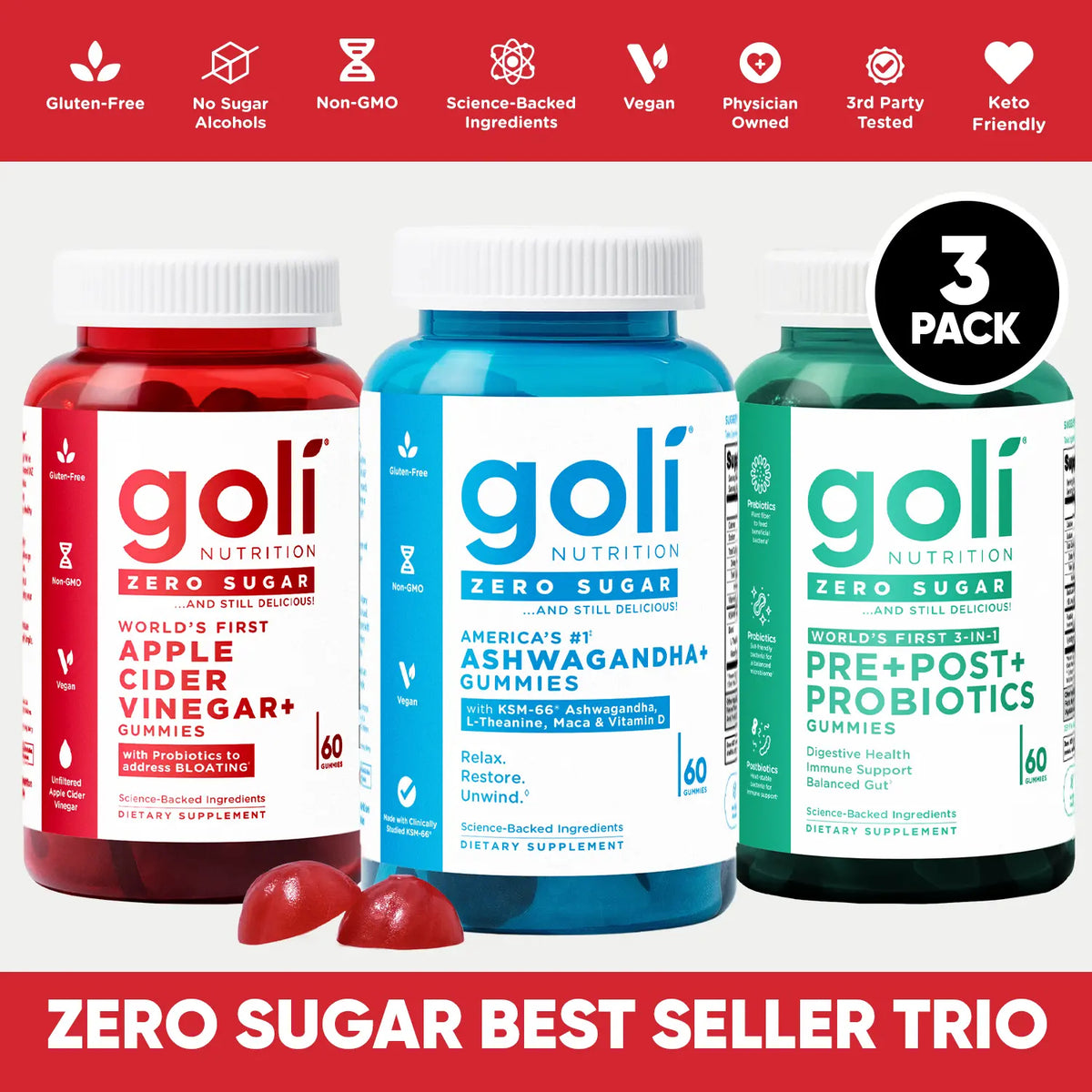 Zero Sugar 3-in-1 Gut Health Gummies – ACV + Probiotics + Vitamins