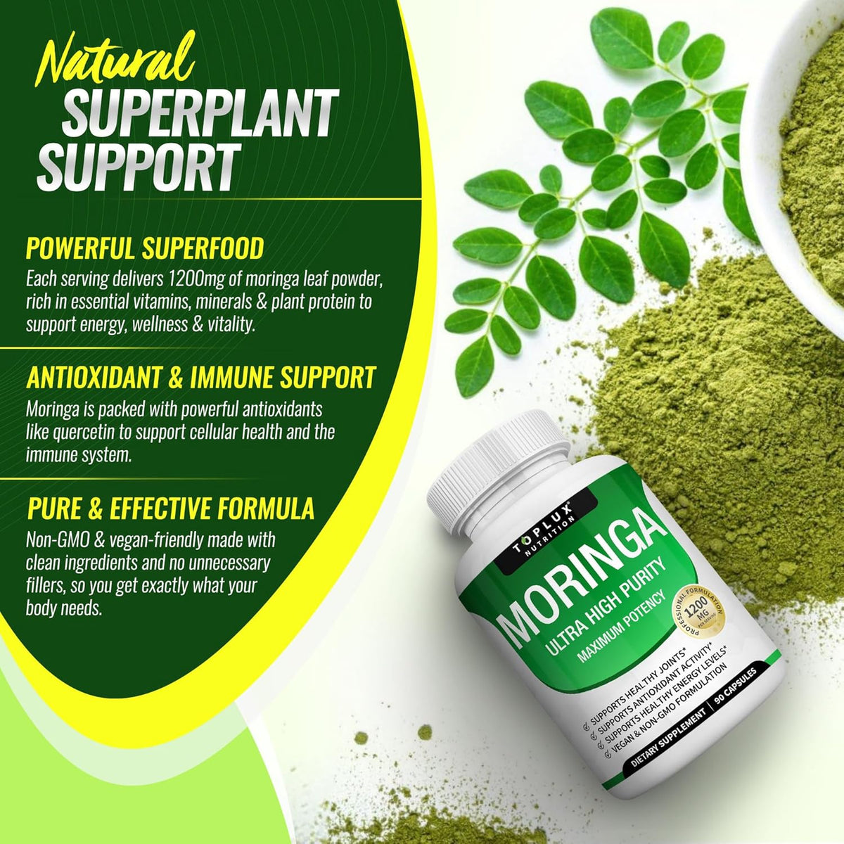 Moringa Capsules 1200mg – Pure Moringa Powder High Potency Leaf Extract