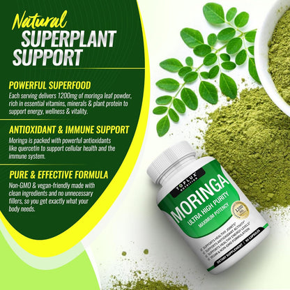 Moringa Capsules 1200mg – Pure Moringa Powder High Potency Leaf Extract
