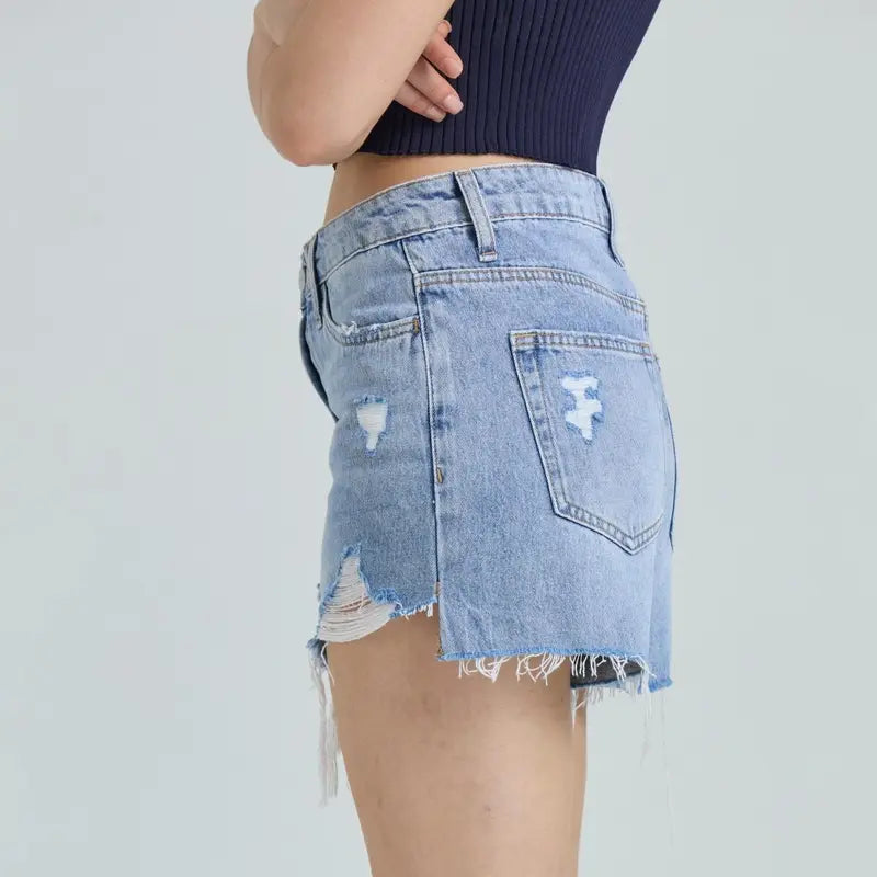 Non-Stretch High Rise Raw Hem Ripped Jean Shorts