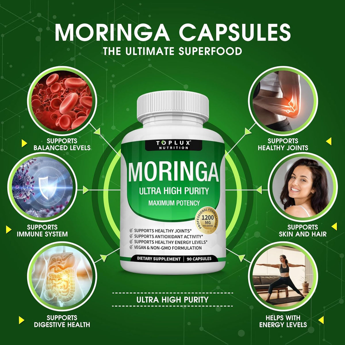 Moringa Capsules 1200mg – Pure Moringa Powder High Potency Leaf Extract