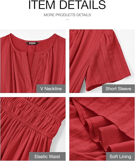 V Neck Elastic Waist Boho Beach Dress Pockets