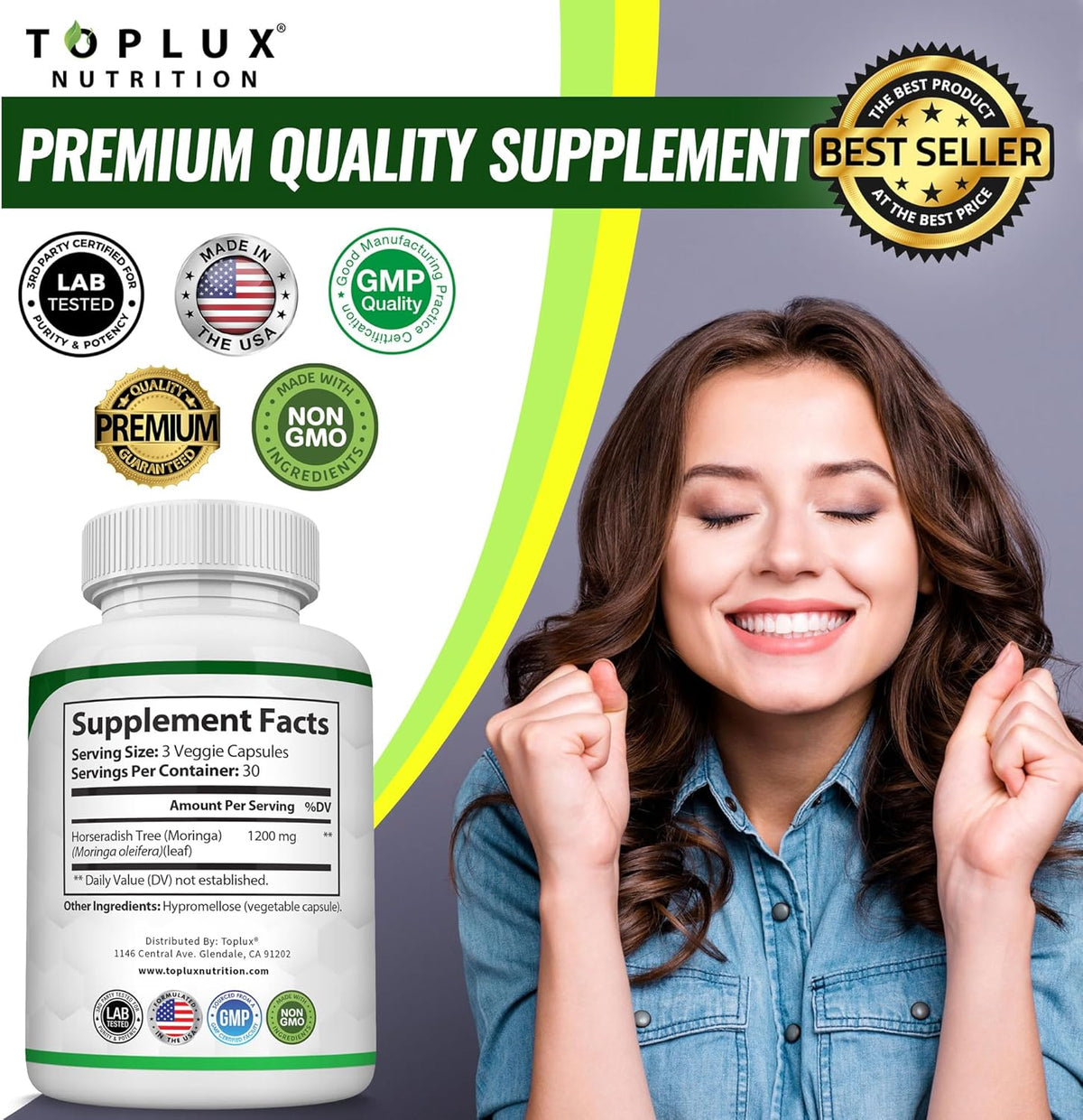 Moringa Capsules 1200mg – Pure Moringa Powder High Potency Leaf Extract