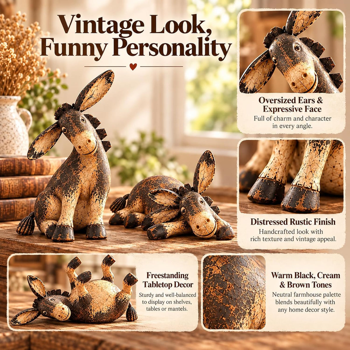 Funny Distressed Donkey Figurine for Farmhouse Decor