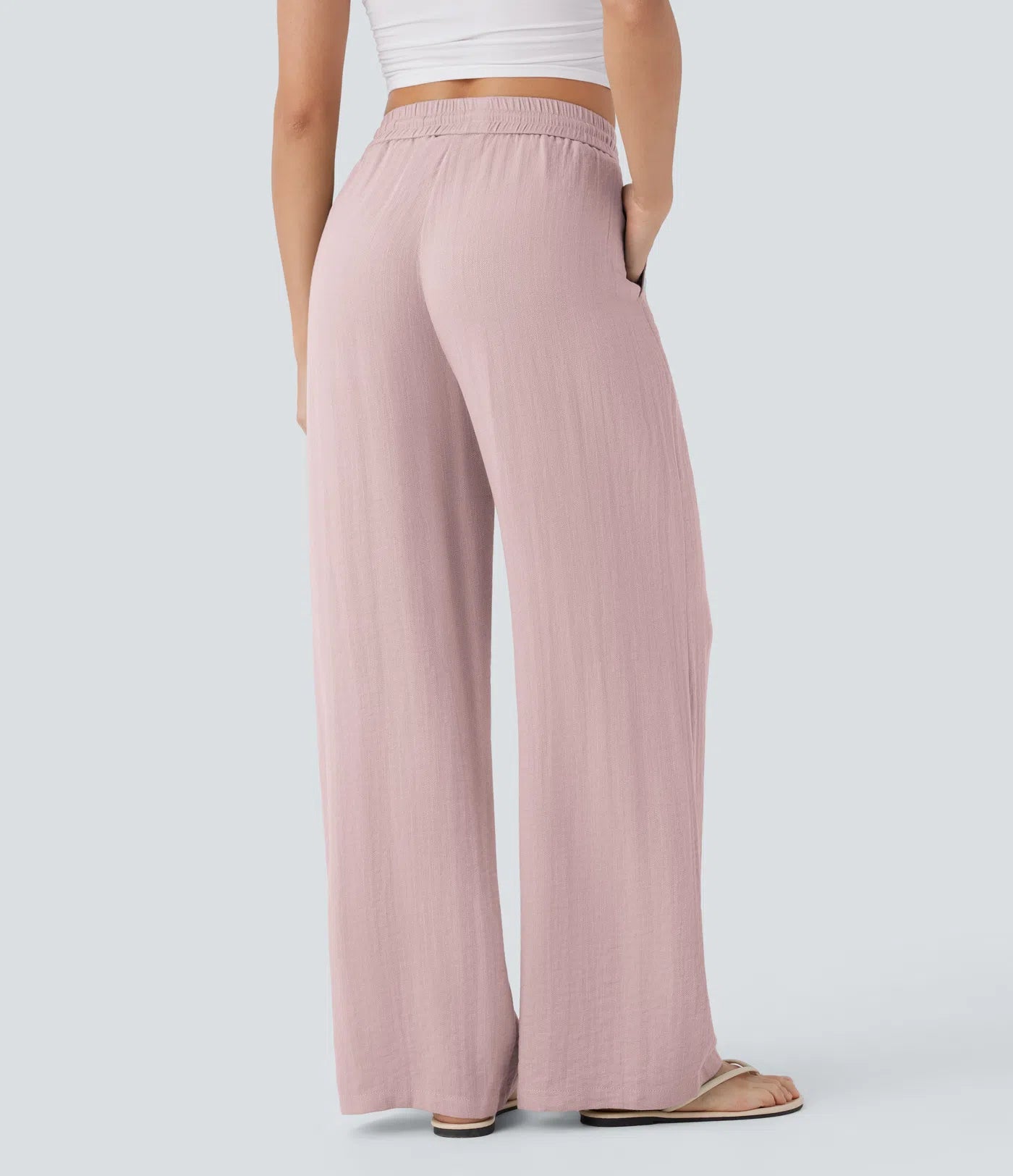 High Waisted Wide Leg Linen-Feel Drawstring Pants with Pockets