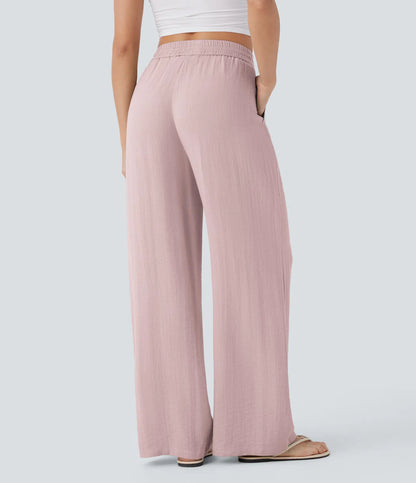 High Waisted Wide Leg Linen-Feel Drawstring Pants with Pockets