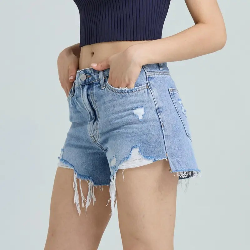 Non-Stretch High Rise Raw Hem Ripped Jean Shorts