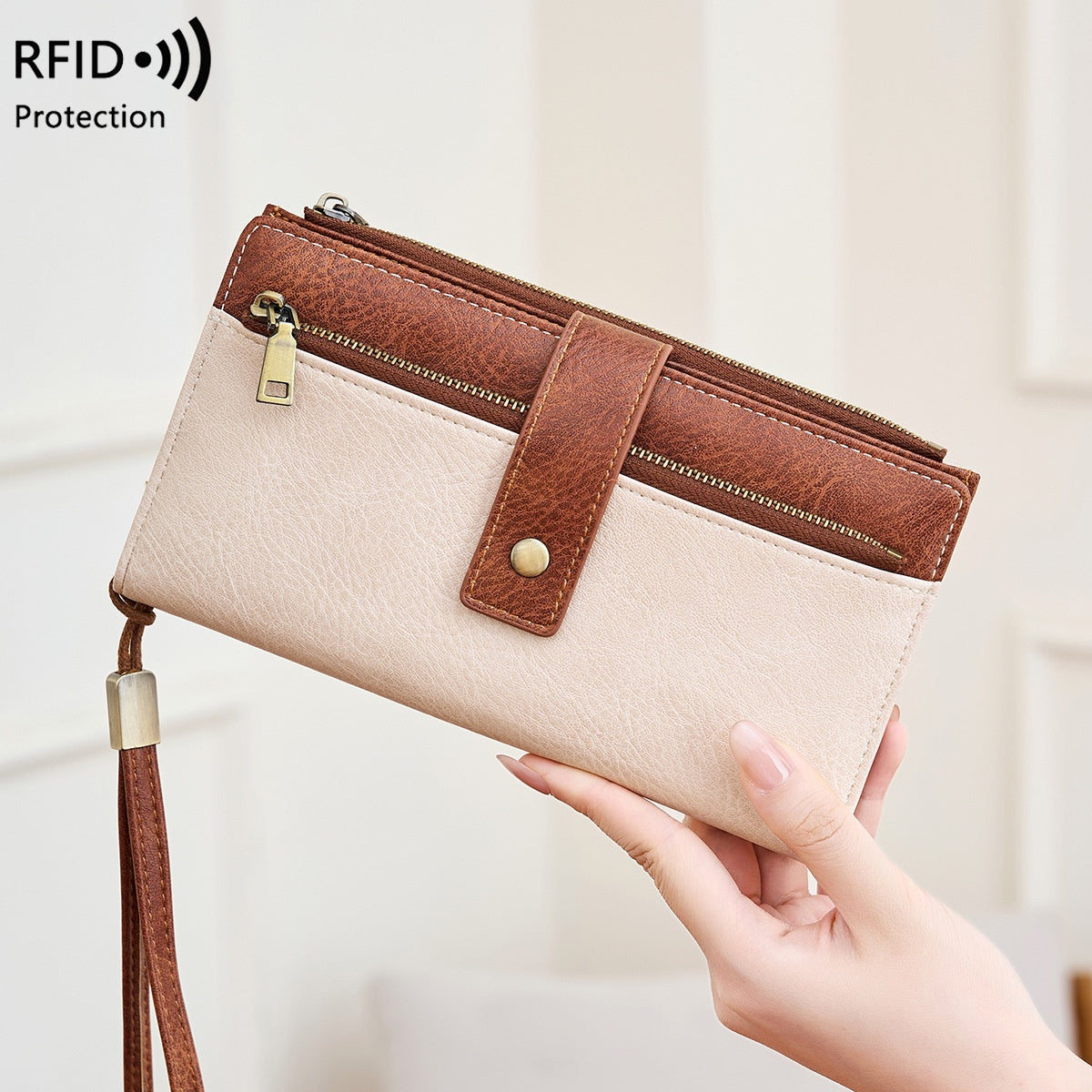 Women’s RFID Blocking Long Trifold Leather Wallet with Wristlet