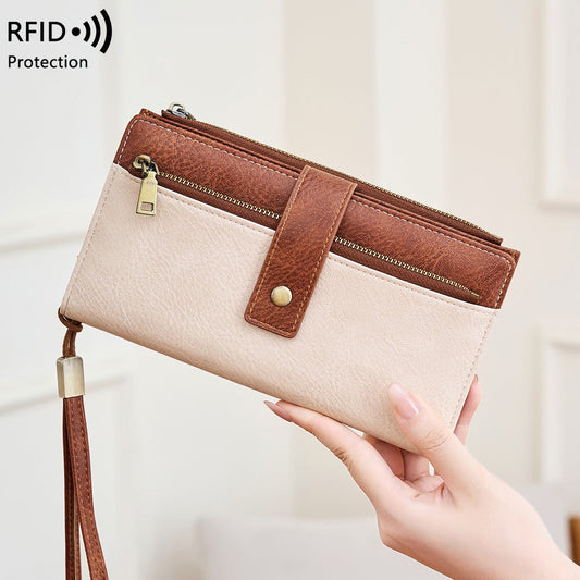 Women’s RFID Blocking Long Trifold Leather Wallet with Wristlet