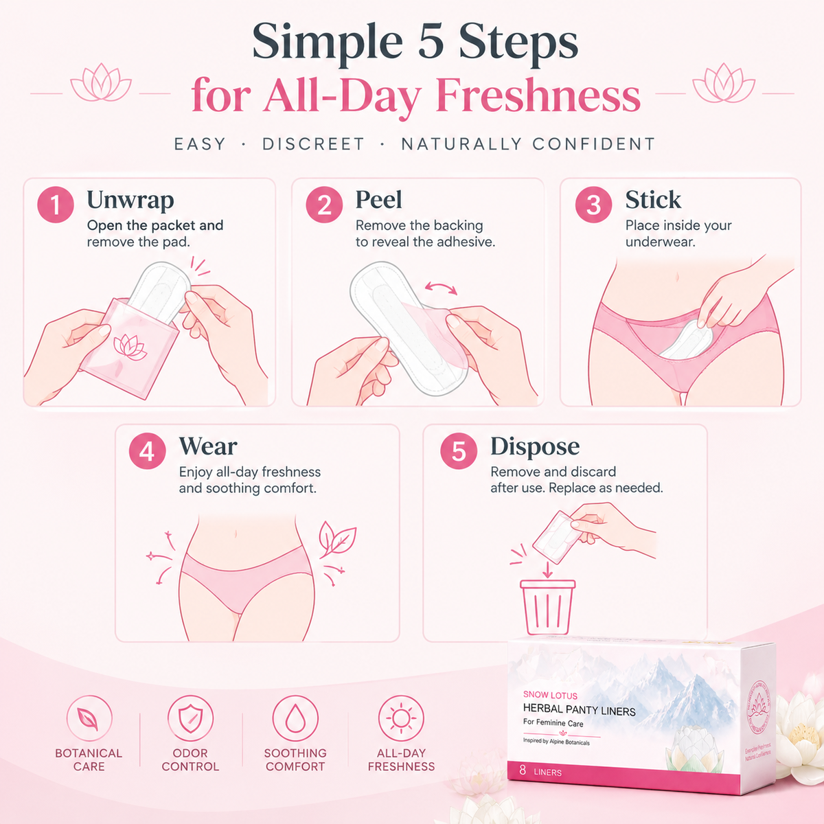 Snow Lotus Feminine Care Steam Pads – Daily Botanical Freshness (8 Count)