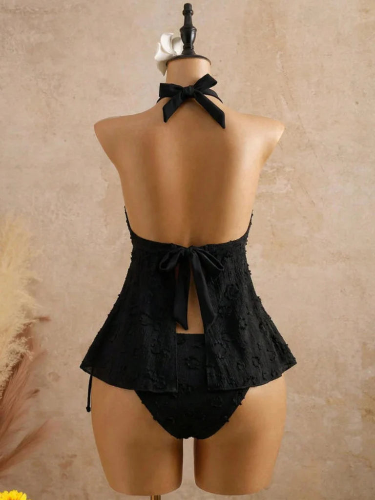 Textured Floral Halter Deep V Tankini Set