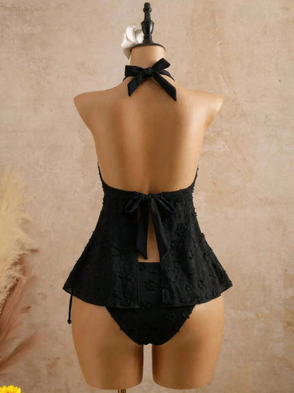 Textured Floral Halter Deep V Tankini Set