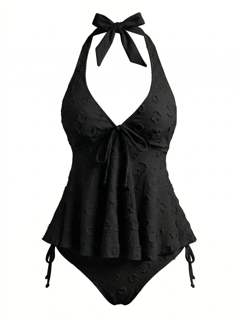 Textured Floral Halter Deep V Tankini Set
