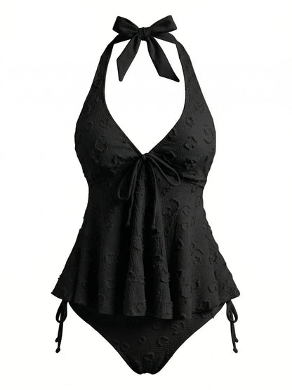 Textured Floral Halter Deep V Tankini Set