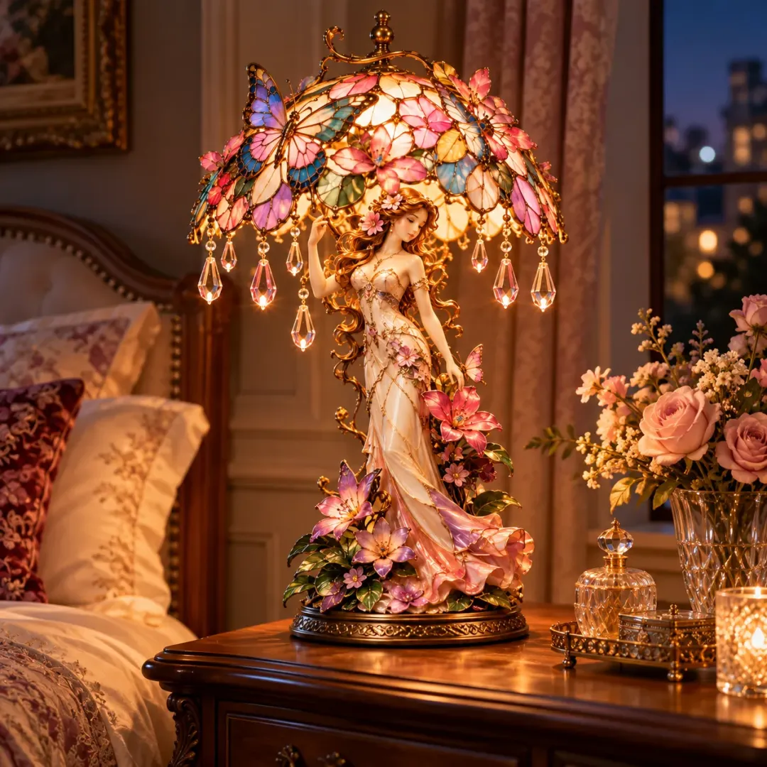 🦋 Butterfly Lady Accent Lamp – Elegant Floral Goddess Light with Crystal Drops