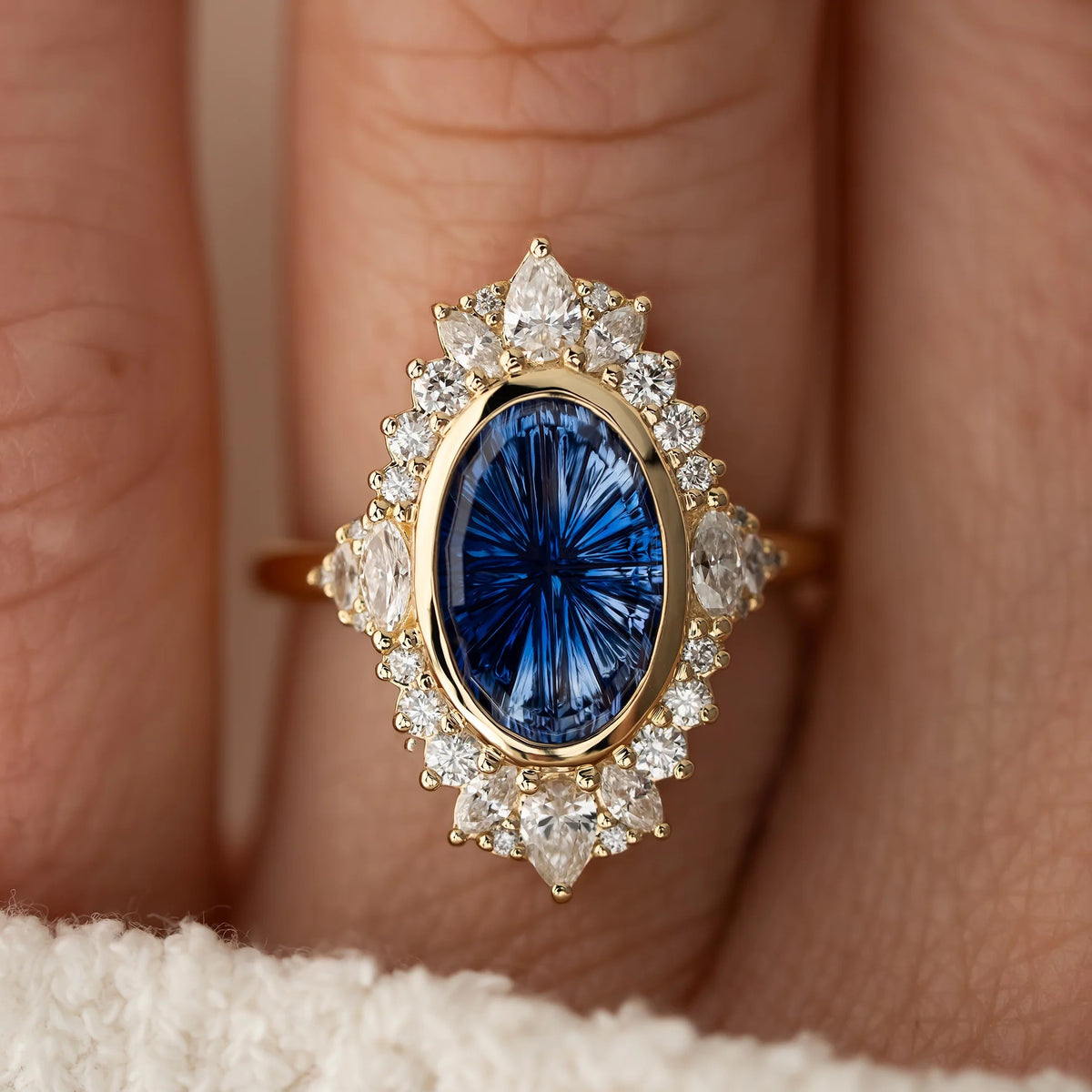 The Ethcrcal Ring|Oval Starburst Cut Blue Gemstone Halo Ring