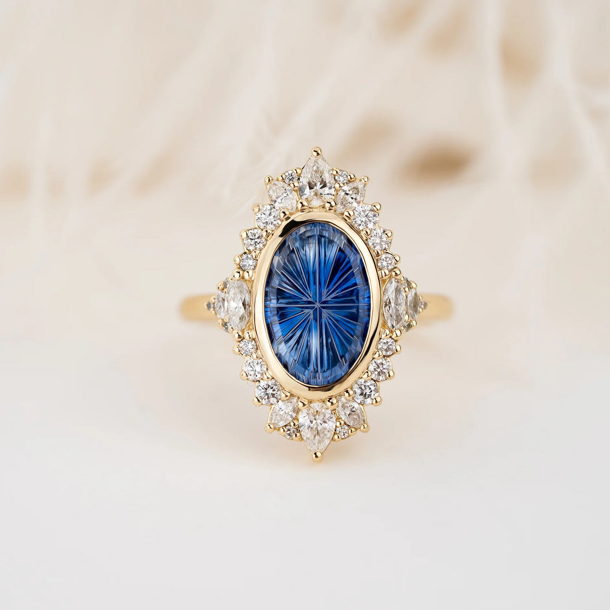 The Ethcrcal Ring|Oval Starburst Cut Blue Gemstone Halo Ring