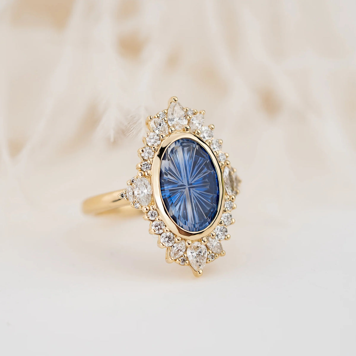 The Ethcrcal Ring|Oval Starburst Cut Blue Gemstone Halo Ring