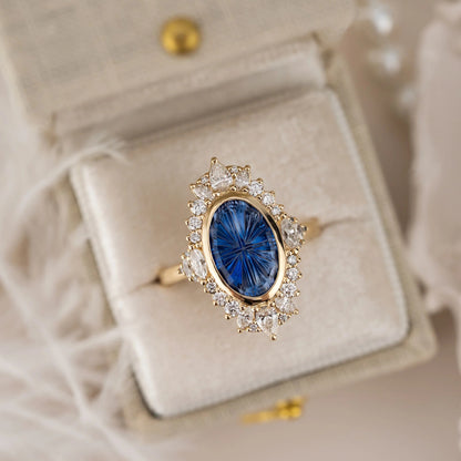 The Ethcrcal Ring|Oval Starburst Cut Blue Gemstone Halo Ring