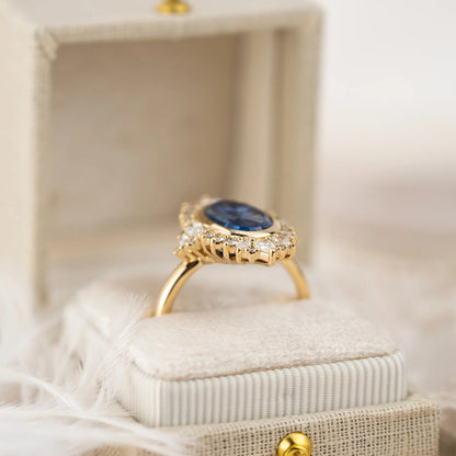 The Ethcrcal Ring|Oval Starburst Cut Blue Gemstone Halo Ring