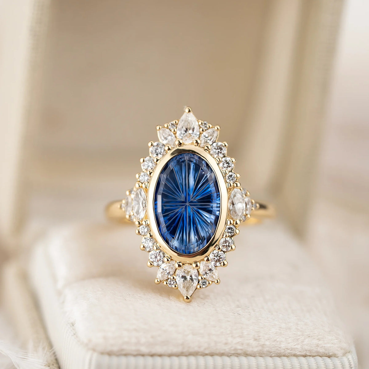 The Ethcrcal Ring|Oval Starburst Cut Blue Gemstone Halo Ring