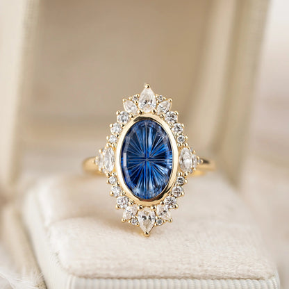 The Ethcrcal Ring|Oval Starburst Cut Blue Gemstone Halo Ring