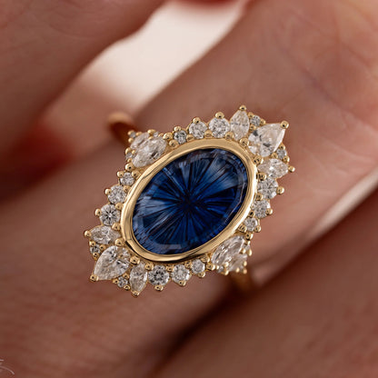 The Ethcrcal Ring|Oval Starburst Cut Blue Gemstone Halo Ring
