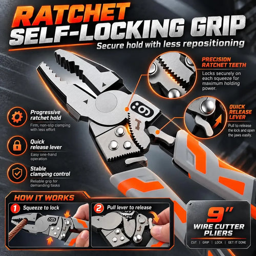 9-Inch Self-Locking Anti-Slip Ratchet Pliers