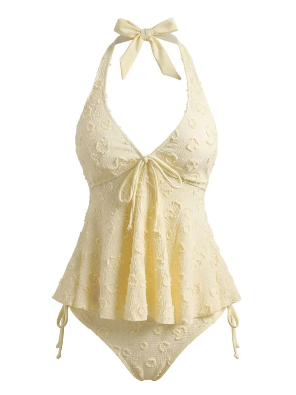 Textured Floral Halter Deep V Tankini Set