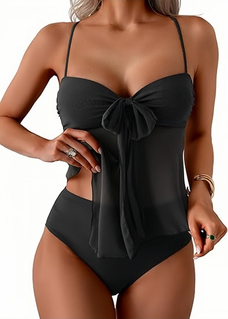 Women's Tummy Control Tankini Swimsuit Flowy Mesh Top High Waisted Bikini Set