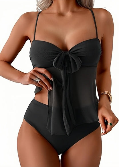 Women's Tummy Control Tankini Swimsuit Flowy Mesh Top High Waisted Bikini Set
