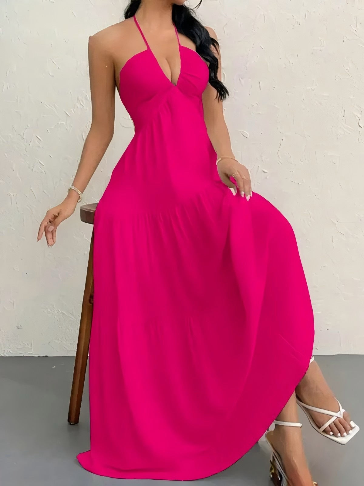 Women’s Halter Backless Maxi Dress – Ruffle A-Line Summer Dress