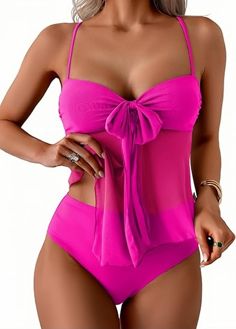 Women's Tummy Control Tankini Swimsuit Flowy Mesh Top High Waisted Bikini Set
