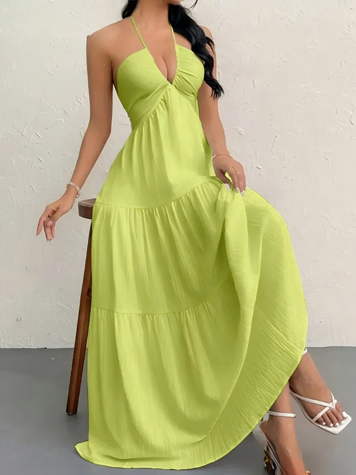 Women’s Halter Backless Maxi Dress – Ruffle A-Line Summer Dress