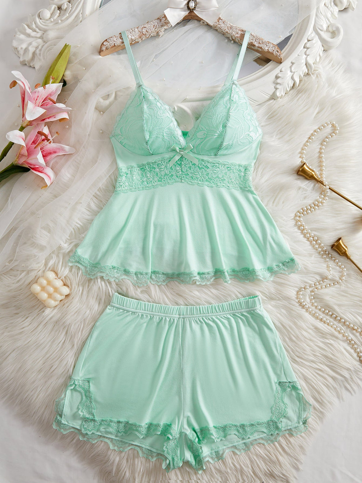 Lace Trim Cami & Shorts Pajama Set for Women