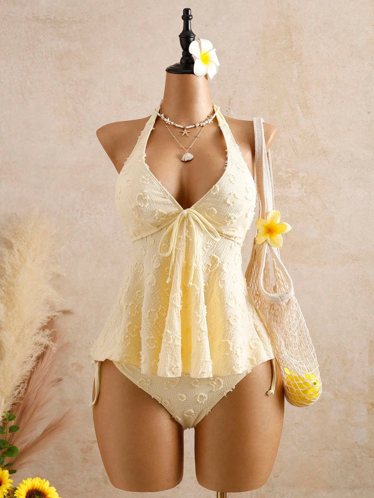 Textured Floral Halter Deep V Tankini Set
