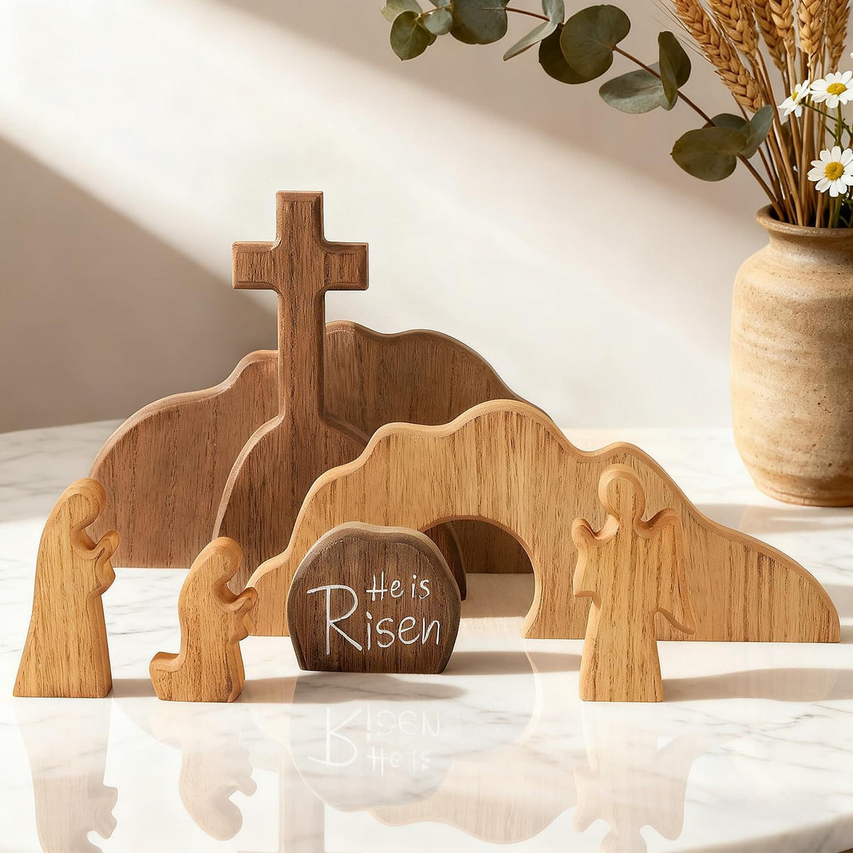 Wooden Empty Tomb Easter Scene - Jesus Resurrection Cross Decor for Home