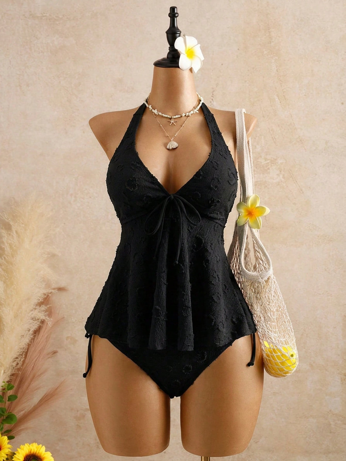 Textured Floral Halter Deep V Tankini Set