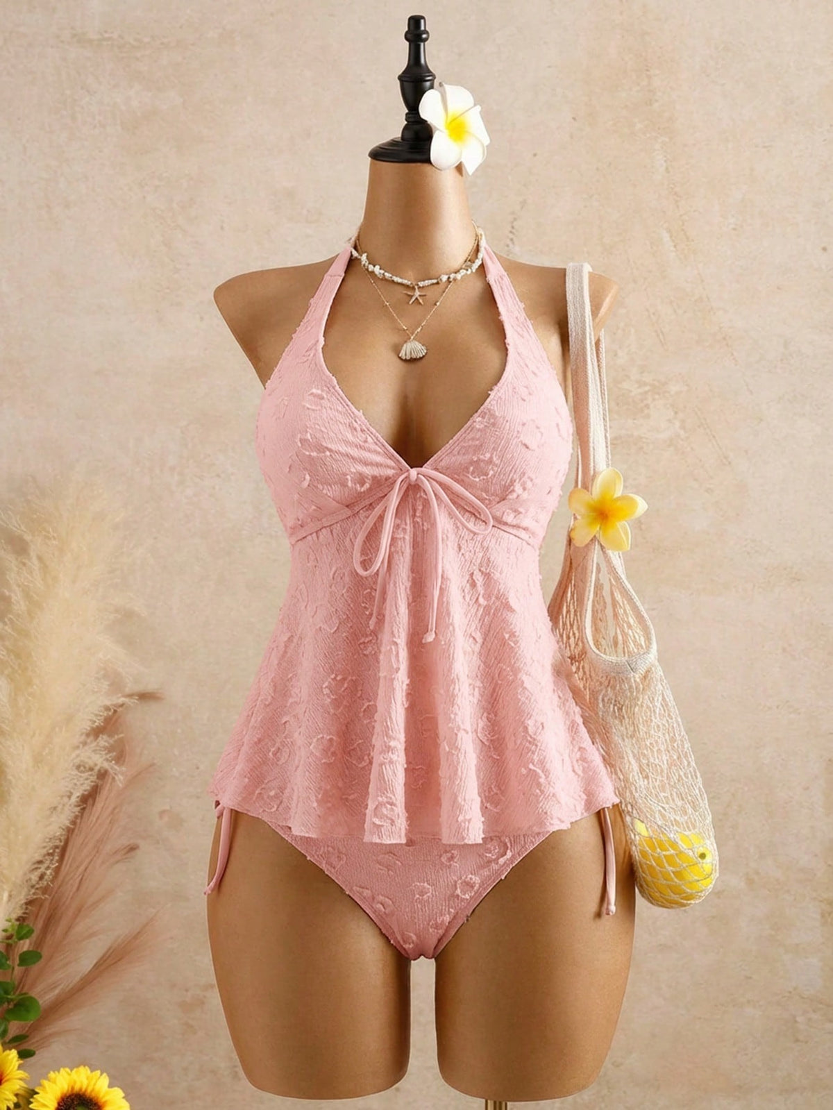 Textured Floral Halter Deep V Tankini Set