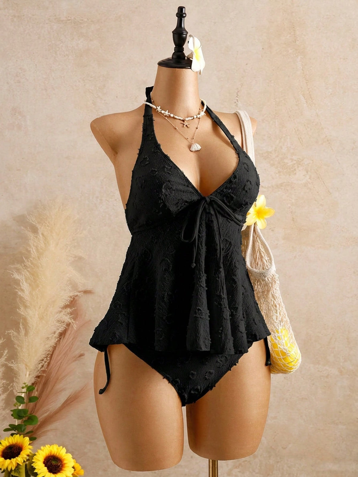 Textured Floral Halter Deep V Tankini Set