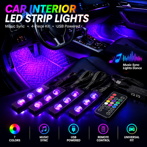 5V USB RGB LED Strip Lights – 4-Piece Car Interior Kit with Music Sync & Remote