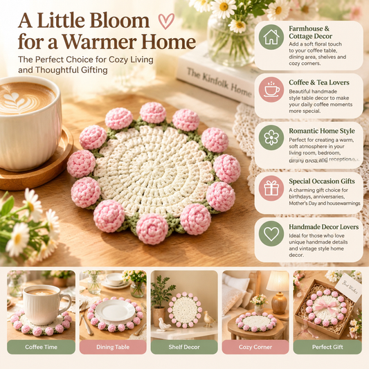 Handmade Crochet Rose Coasters Set – Vintage Floral Table Decor