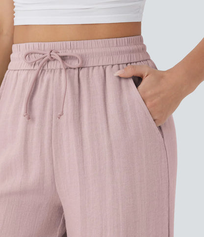 High Waisted Wide Leg Linen-Feel Drawstring Pants with Pockets