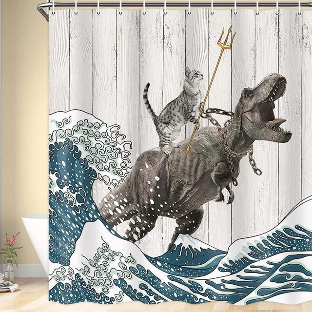 Funny Cat Dinosaur Shower Curtain – Creative Waterproof Bathroom Decor
