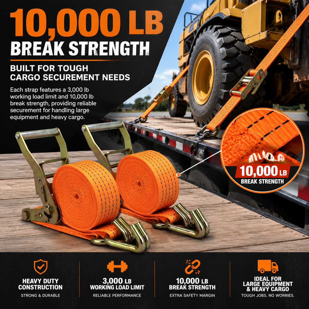 2-Pack Heavy Duty Ratchet Tie Down Straps, 10,000 LBS Cargo Straps