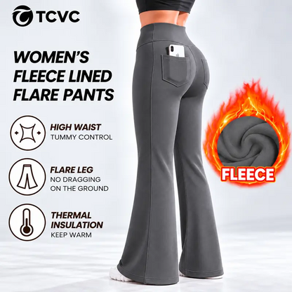 Women’s Fleece Lined Flare Leggings with Pockets|High Waisted Thermal Bell Bottom Yoga Pants