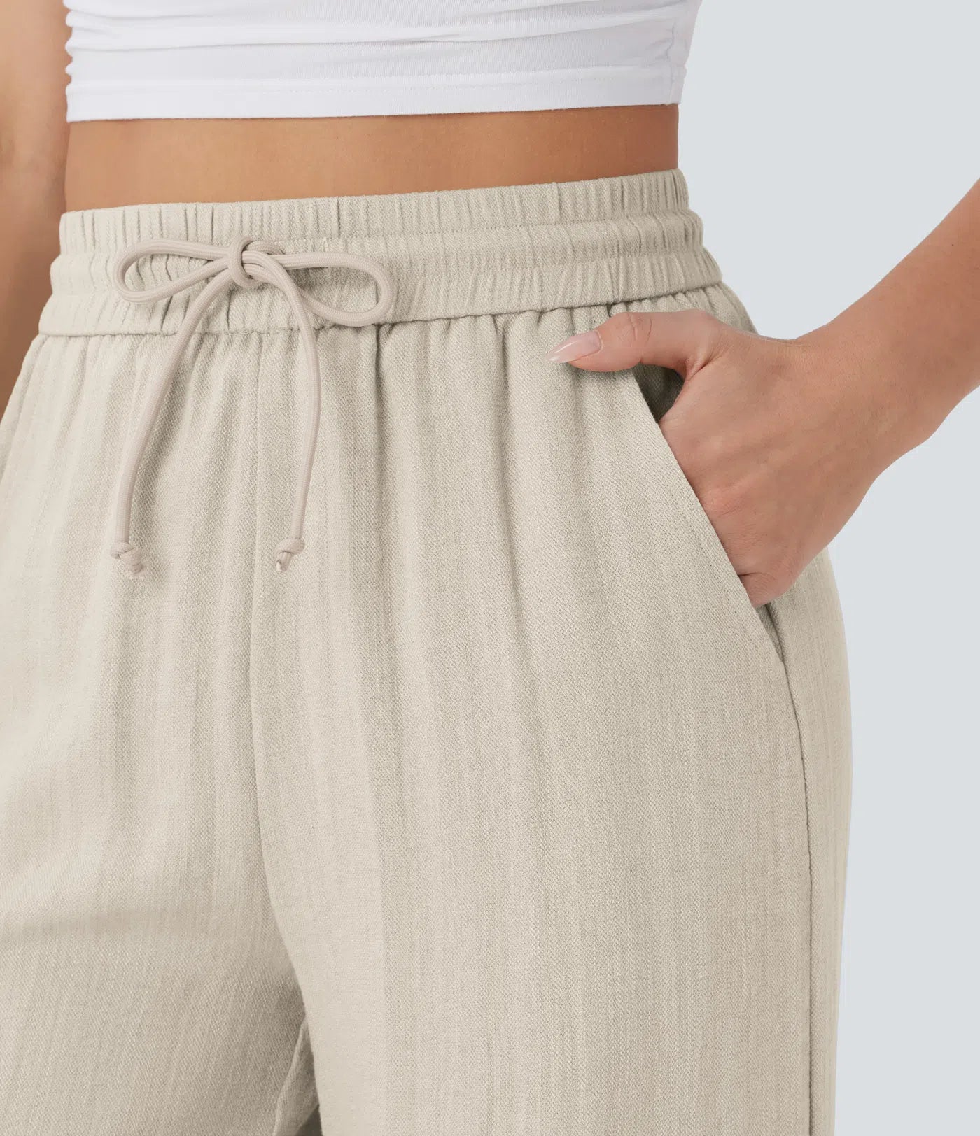 High Waisted Wide Leg Linen-Feel Drawstring Pants with Pockets