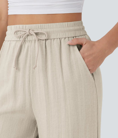 High Waisted Wide Leg Linen-Feel Drawstring Pants with Pockets