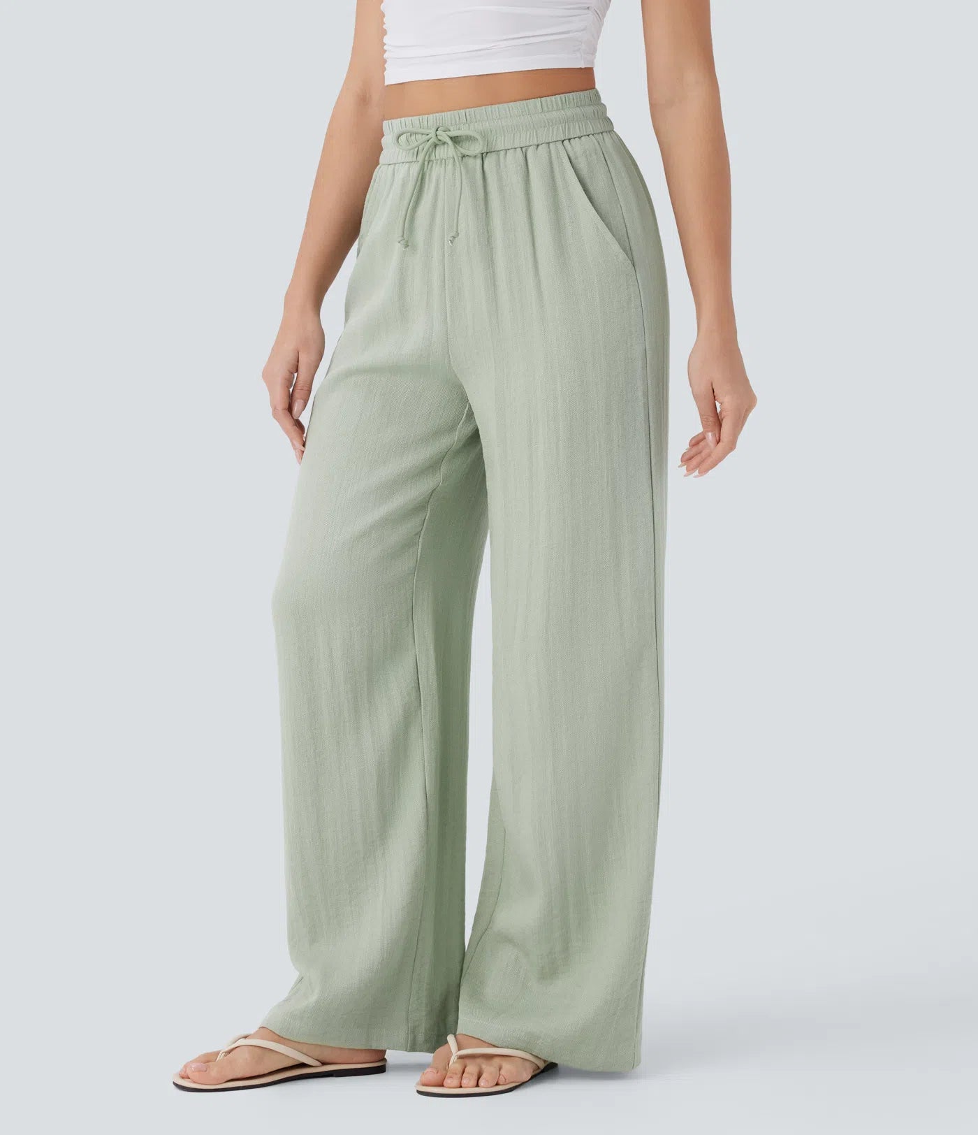 High Waisted Wide Leg Linen-Feel Drawstring Pants with Pockets