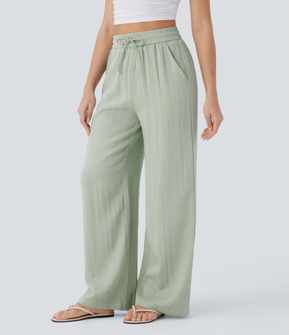 High Waisted Wide Leg Linen-Feel Drawstring Pants with Pockets